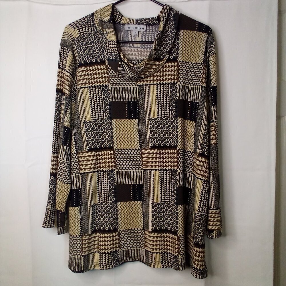 Southern Lady Blouse Women XL Long Sleeve Cowl Neck Pattern Brown